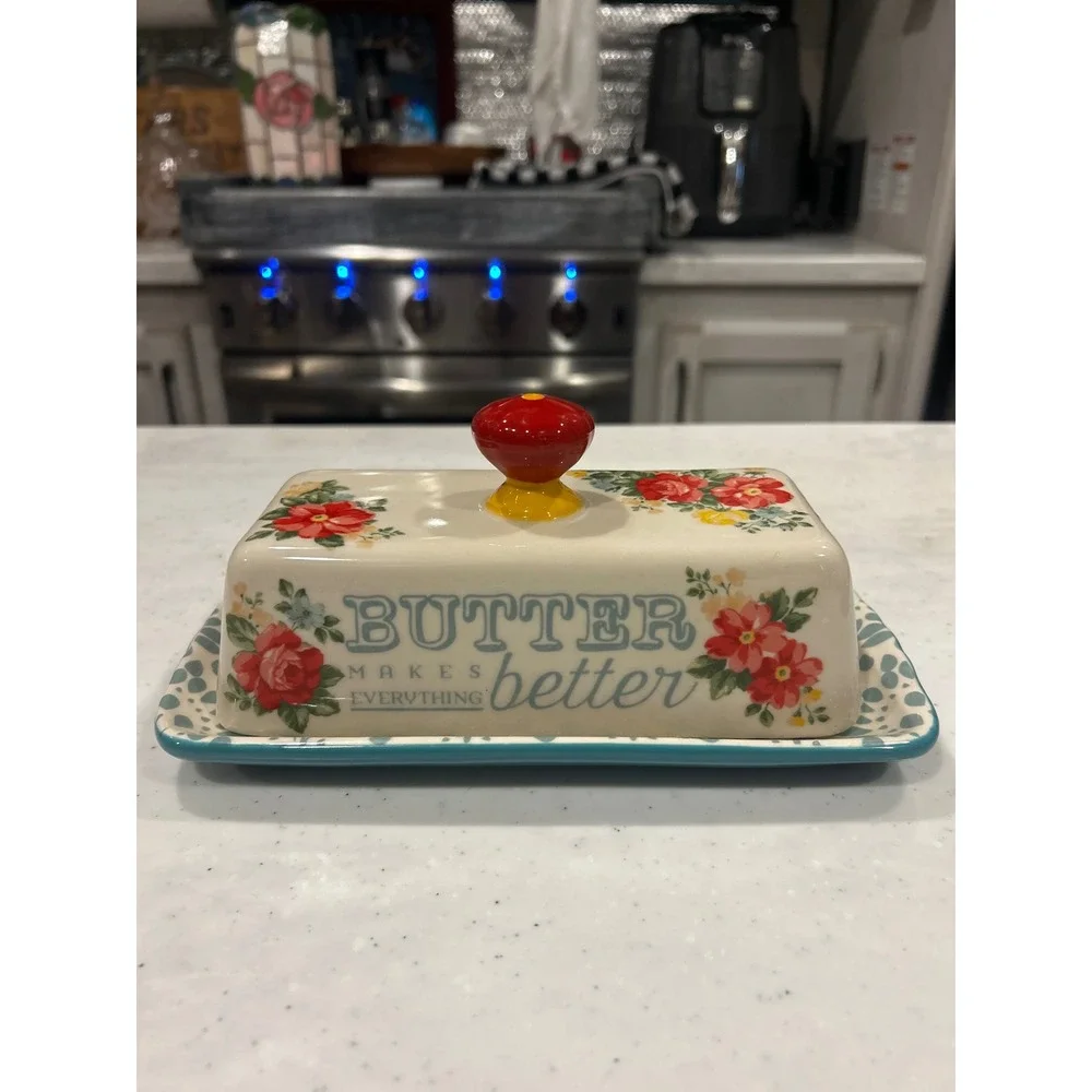 The Pioneer Woman Vintage Floral Butter Dish Stoneware Teal Red Cream PRECIOUS